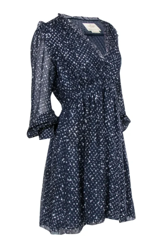 Kate Spade - Navy & Silver Metallic Star Print Silk Dress Sz 8