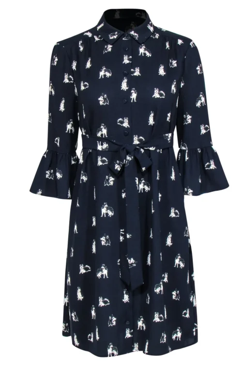 Kate Spade - Navy Husky Print Shift Dress w/ Belt Sz M