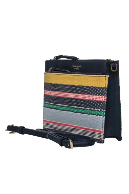 Kate Spade - Navy Leather Crossbody Bag w/ Striped Embroidered Design