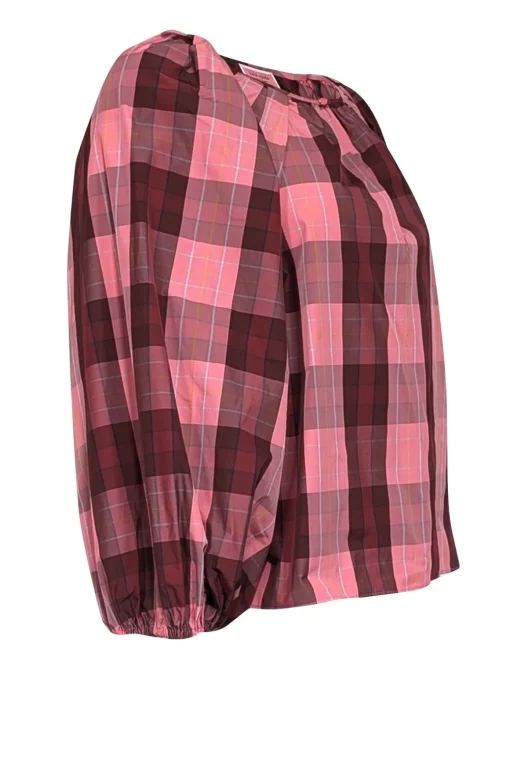Kate Spade - Pink & Maroon Plaid Print Taffeta Blouse Sz S