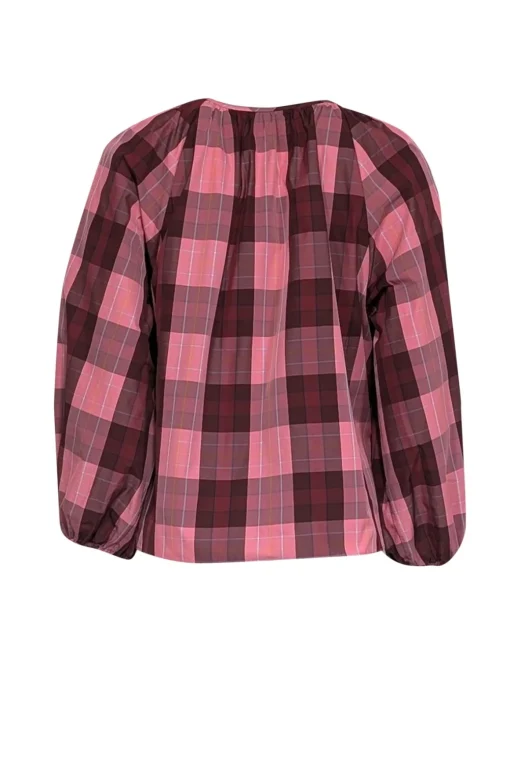 Kate Spade - Pink & Maroon Plaid Print Taffeta Blouse Sz S