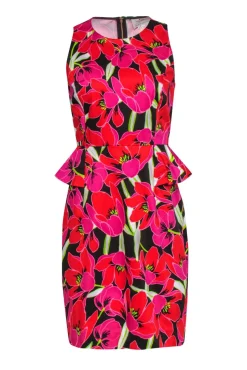 Kate Spade - Pink, Red, Brown Floral Fitted Sheath Dress with Peplum Sz 8