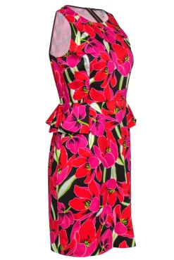 Kate Spade - Pink, Red, Brown Floral Fitted Sheath Dress with Peplum Sz 8