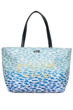 Kate Spade - White & Blue Fish Print Leather Tote w/ “Plenty of Fish in the Sea” Text