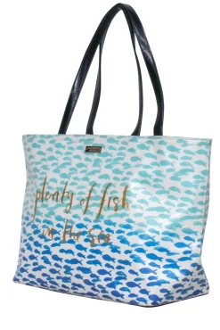 Kate Spade - White & Blue Fish Print Leather Tote w/ “Plenty of Fish in the Sea” Text