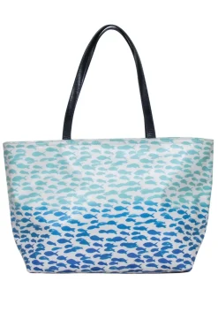 Kate Spade - White & Blue Fish Print Leather Tote w/ “Plenty of Fish in the Sea” Text