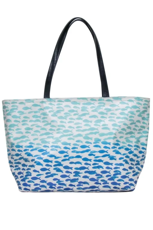 Kate Spade - White & Blue Fish Print Leather Tote w/ “Plenty of Fish in the Sea” Text