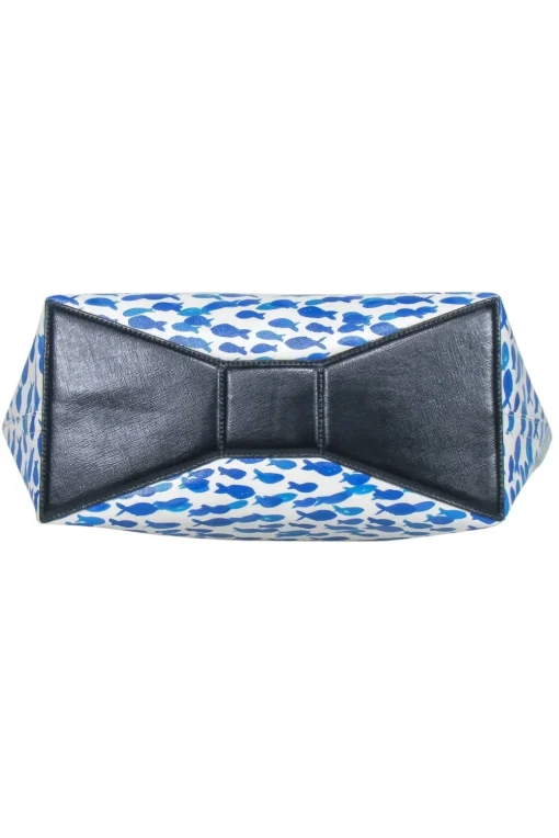 Kate Spade - White & Blue Fish Print Leather Tote w/ “Plenty of Fish in the Sea” Text
