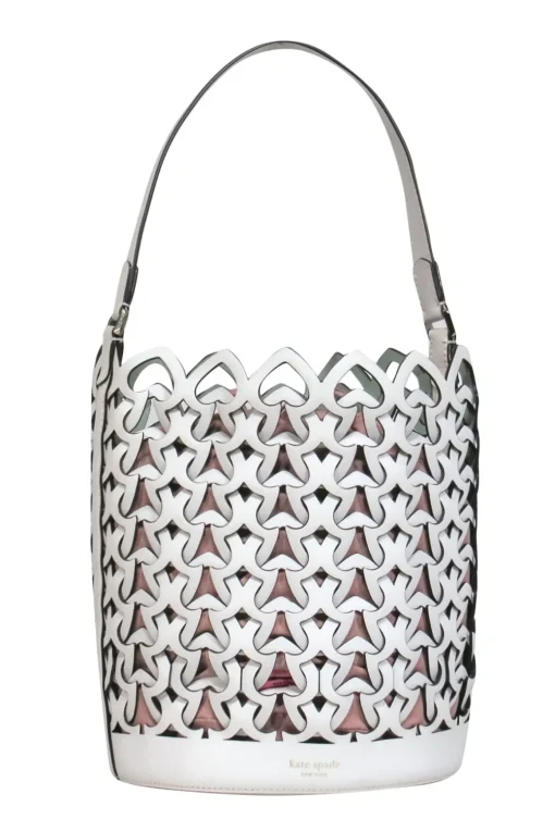 Kate Spade - White Leather Spade Woven Drawstring Bucket Bag