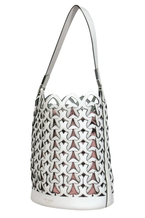 Kate Spade - White Leather Spade Woven Drawstring Bucket Bag