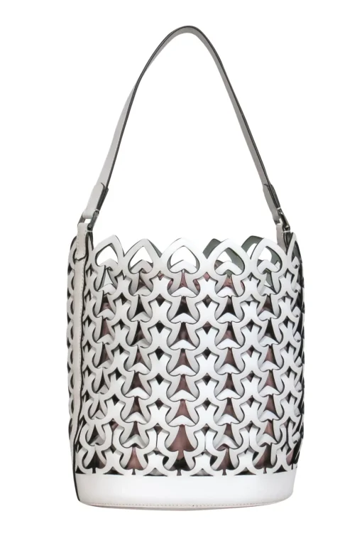 Kate Spade - White Leather Spade Woven Drawstring Bucket Bag