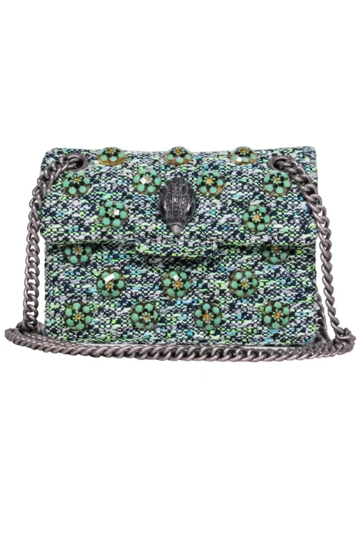 Kurt Geiger - Mint & Navy Tweed Crossbody w/ Flower Embellishments