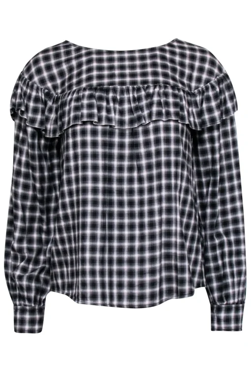 La Vie Rebecca Taylor - Black Plaid Long Sleeve Top w/Ruffle Sz S