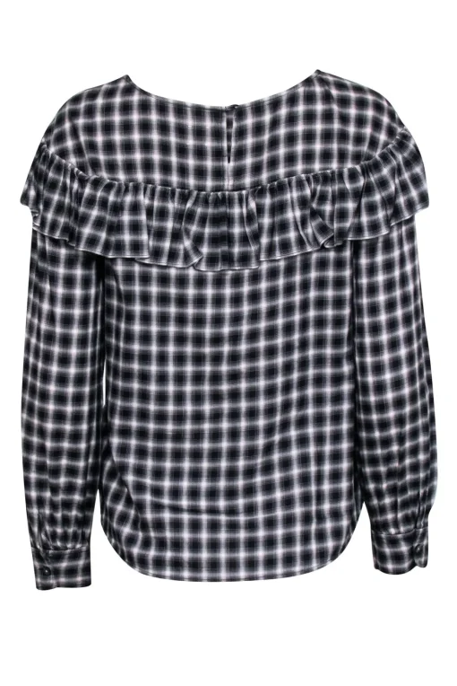 La Vie Rebecca Taylor - Black Plaid Long Sleeve Top w/Ruffle Sz S