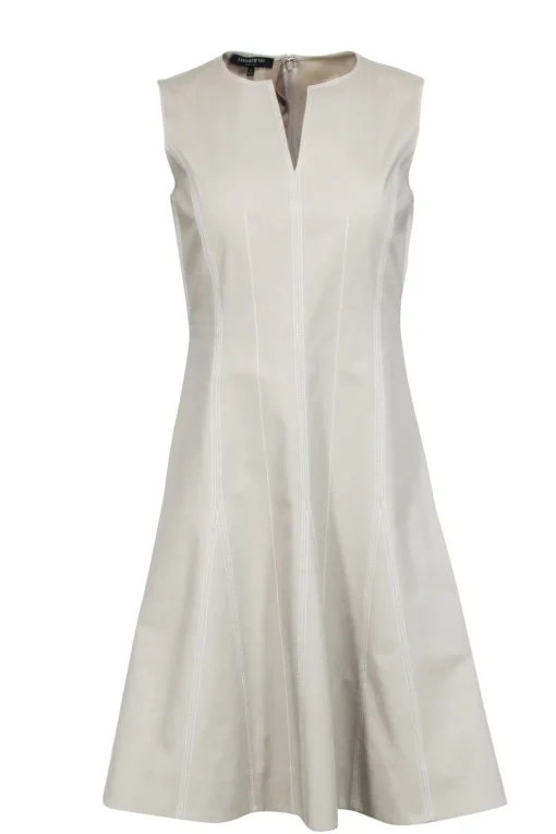 Lafayette 148 - Beige Sleeveless A-Line Dress w/ Contrast Stitching Sz 2