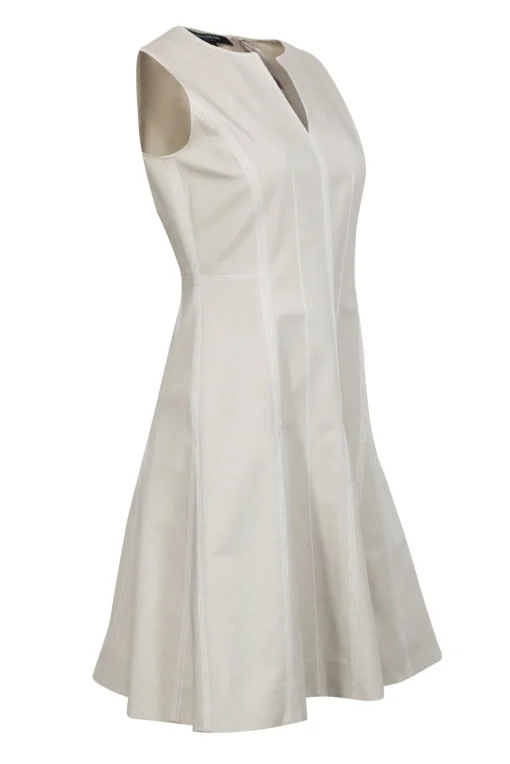 Lafayette 148 - Beige Sleeveless A-Line Dress w/ Contrast Stitching Sz 2