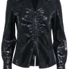 Lafayette 148 - Black Metallic Leather Zip Up Shirt Jacket Sz 4