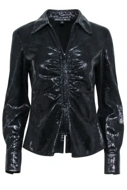 Lafayette 148 - Black Metallic Leather Zip Up Shirt Jacket Sz 4