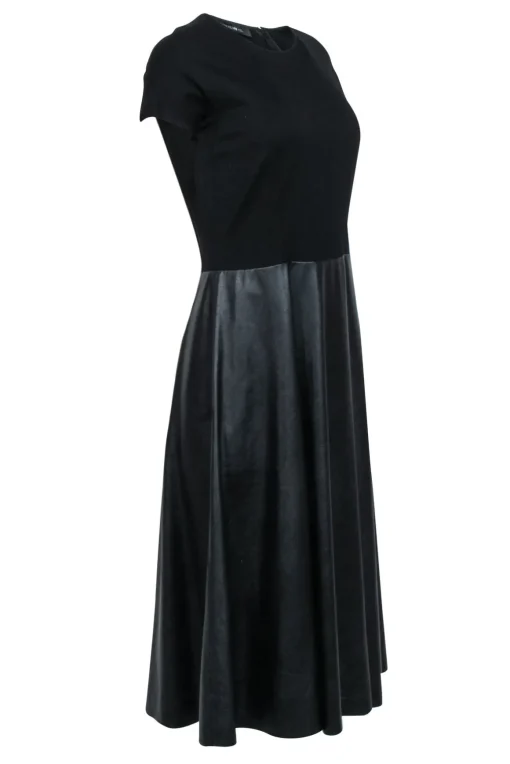 Lafayette 148 - Black Short Sleeve Midi Dress w/ Faux Leather Skirt Sz M