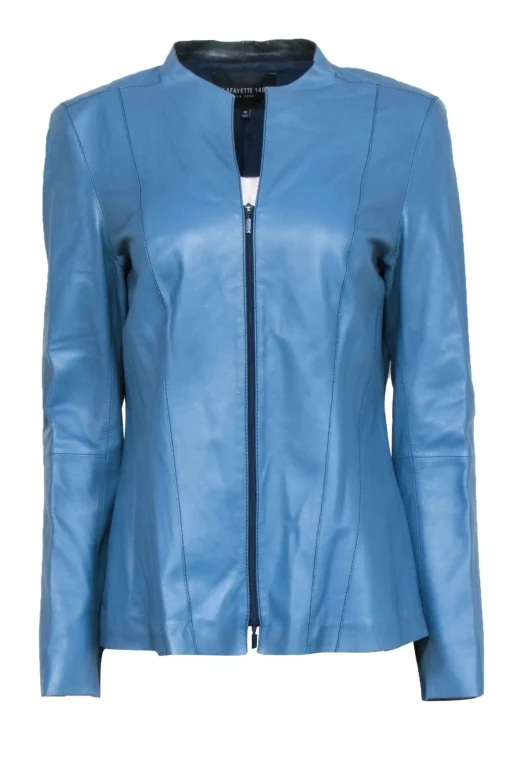 Lafayette 148 - Blue Leather Zipper Front Jacket Sz 12