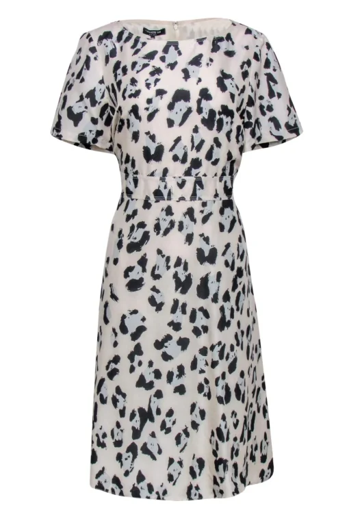 Lafayette 148 - Cream, Black & Pale Blue Cheetah Print Silk Dress Sz 10