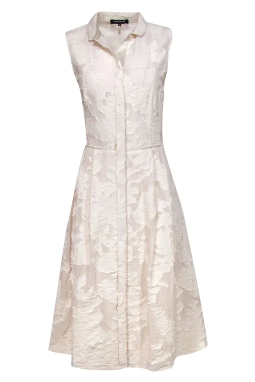 Lafayette 148 - Cream Textured Sleeveless Button Front Dress w/ Pleats Sz 10