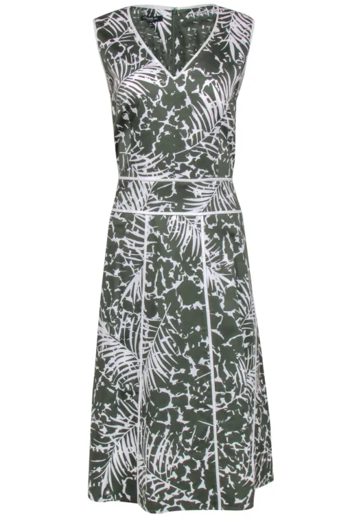 Lafayette 148 - Green & White Leaf Print Sleeveless A-Line Dress Sz 10