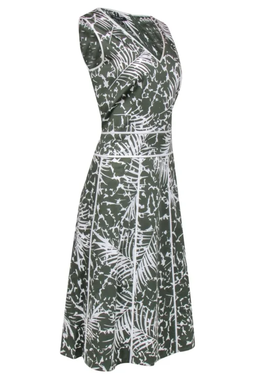 Lafayette 148 - Green & White Leaf Print Sleeveless A-Line Dress Sz 10