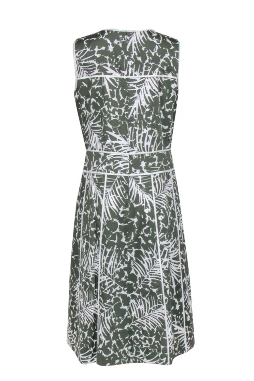 Lafayette 148 - Green & White Leaf Print Sleeveless A-Line Dress Sz 10