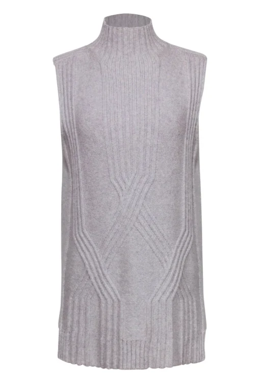 Lafayette 148 - Grey Cable Knit Sleeveless Mock Turtleneck Sweater Sz S