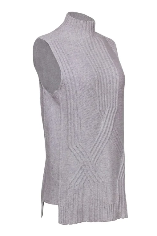 Lafayette 148 - Grey Cable Knit Sleeveless Mock Turtleneck Sweater Sz S