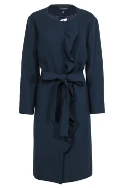 Lafayette 148 - Navy Ruffled Longline Belted Wool Coat Sz XL