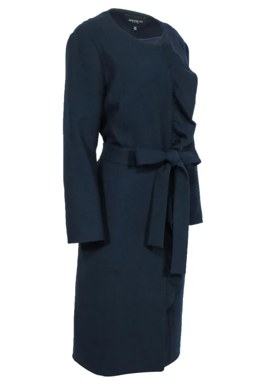 Lafayette 148 - Navy Ruffled Longline Belted Wool Coat Sz XL