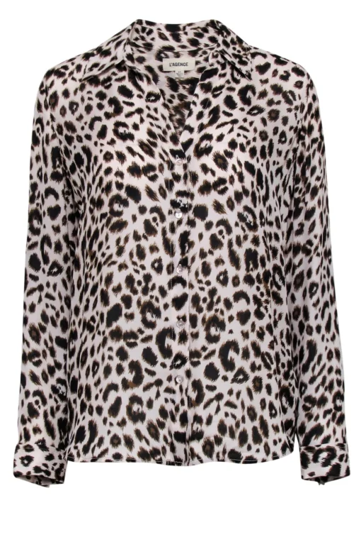 L'Agence - Beige & Brown Leopard Print Button Up Blouse Sz S