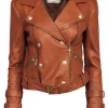 L'Agence - Tan Leather Moto Jacket w/ Gold Button Detail Sz S