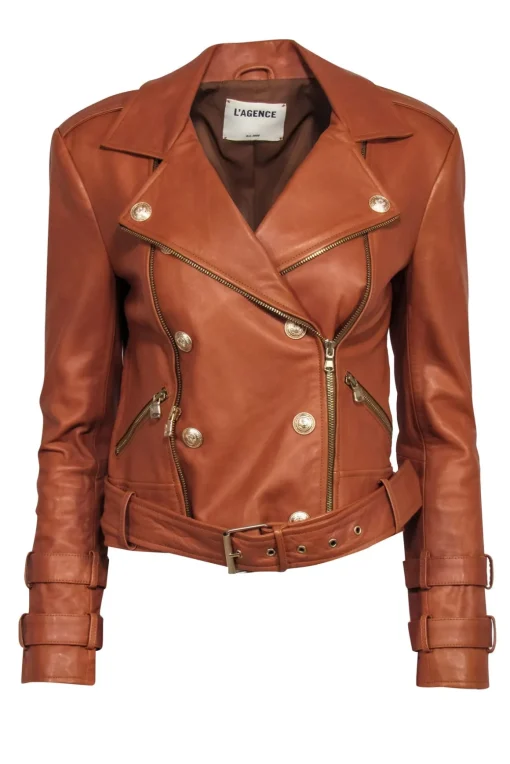 L'Agence - Tan Leather Moto Jacket w/ Gold Button Detail Sz S