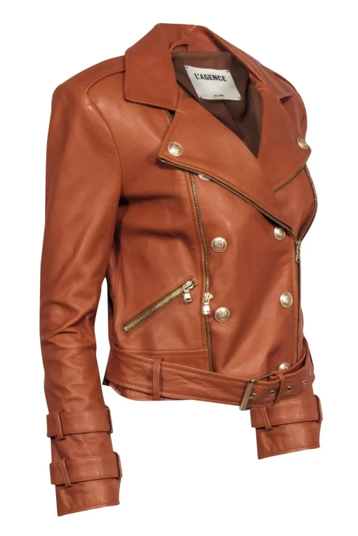 L'Agence - Tan Leather Moto Jacket w/ Gold Button Detail Sz S