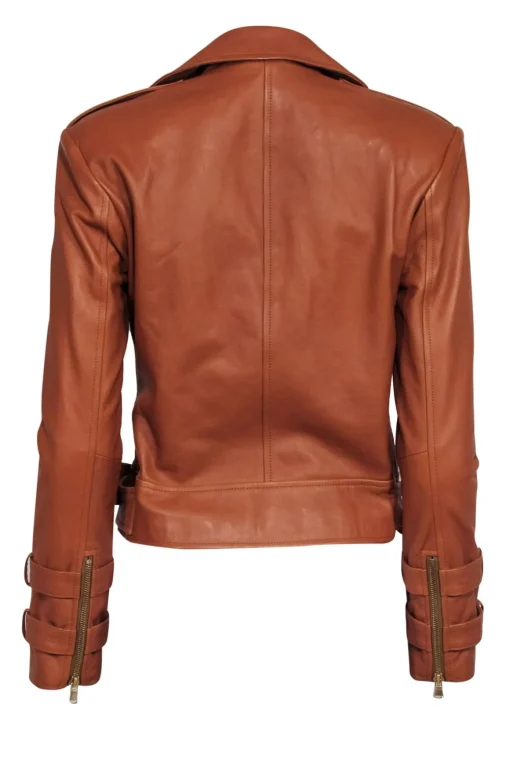 L'Agence - Tan Leather Moto Jacket w/ Gold Button Detail Sz S