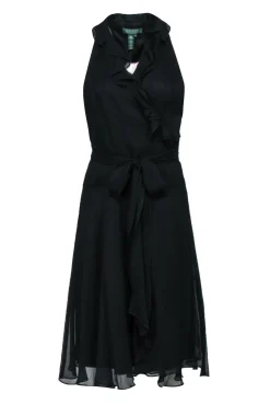 Lauren Ralph Lauren - Black Silk Midi Wrap Dress w/ Ruffles Sz 10