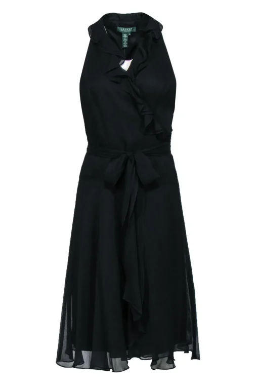 Lauren Ralph Lauren - Black Silk Midi Wrap Dress w/ Ruffles Sz 10