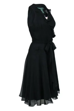 Lauren Ralph Lauren - Black Silk Midi Wrap Dress w/ Ruffles Sz 10