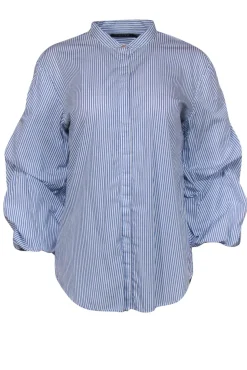 Lauren Ralph Lauren - Blue & White Striped Button-Up Ruched Sleeve Cotton Blouse Sz L