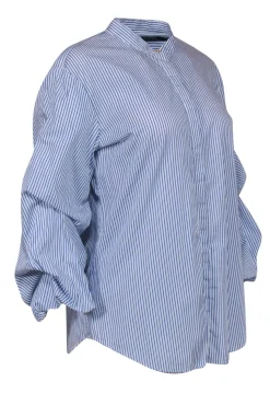 Lauren Ralph Lauren - Blue & White Striped Button-Up Ruched Sleeve Cotton Blouse Sz L