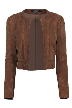 Lauren Ralph Lauren - Brown Suede Open Front Cropped Jacket w/ Stitched Trim Sz 6