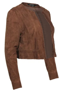 Lauren Ralph Lauren - Brown Suede Open Front Cropped Jacket w/ Stitched Trim Sz 6