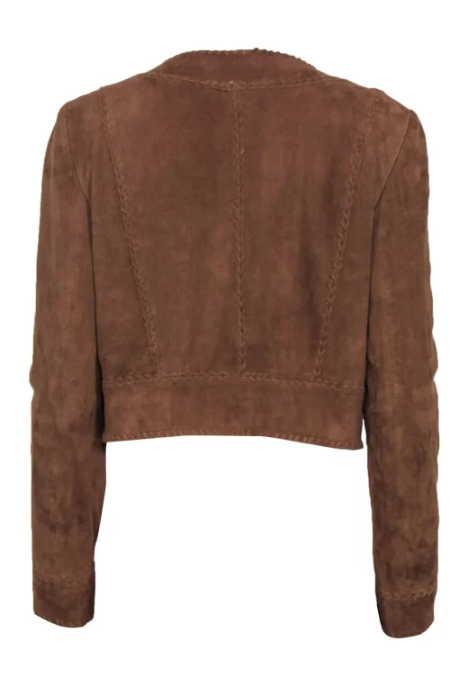 Lauren Ralph Lauren - Brown Suede Open Front Cropped Jacket w/ Stitched Trim Sz 6