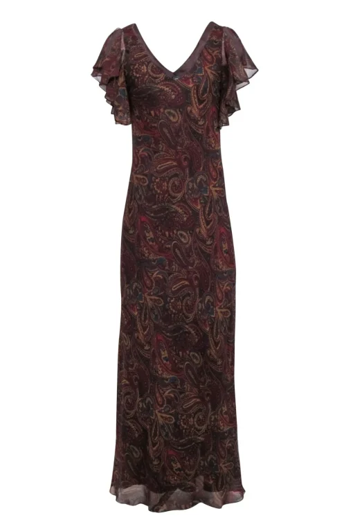 Lauren Ralph Lauren - Maroon, Teal & Tan Paisley Print Sleeveless Maxi Dress Sz 10