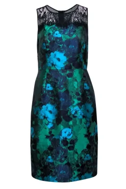 Leifsdottir - Green, Blue & Purple Floral Satin Sheath Dress w/ Lace Trim Sz 10