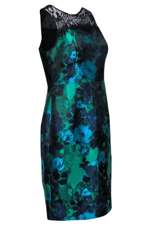 Leifsdottir - Green, Blue & Purple Floral Satin Sheath Dress w/ Lace Trim Sz 10