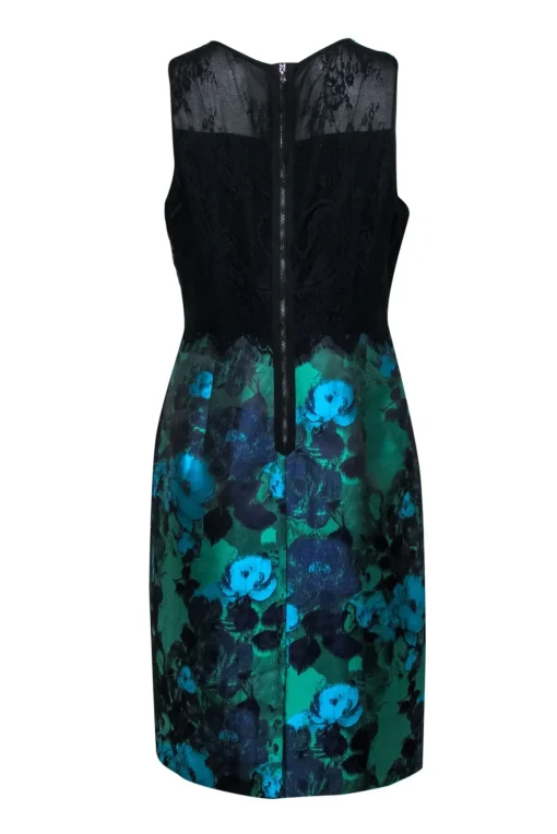 Leifsdottir - Green, Blue & Purple Floral Satin Sheath Dress w/ Lace Trim Sz 10